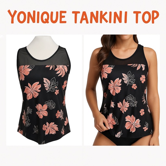 Younique Other - Yonique XL Tankini Swim Top NWT Black Pink Floral Mesh Racerback